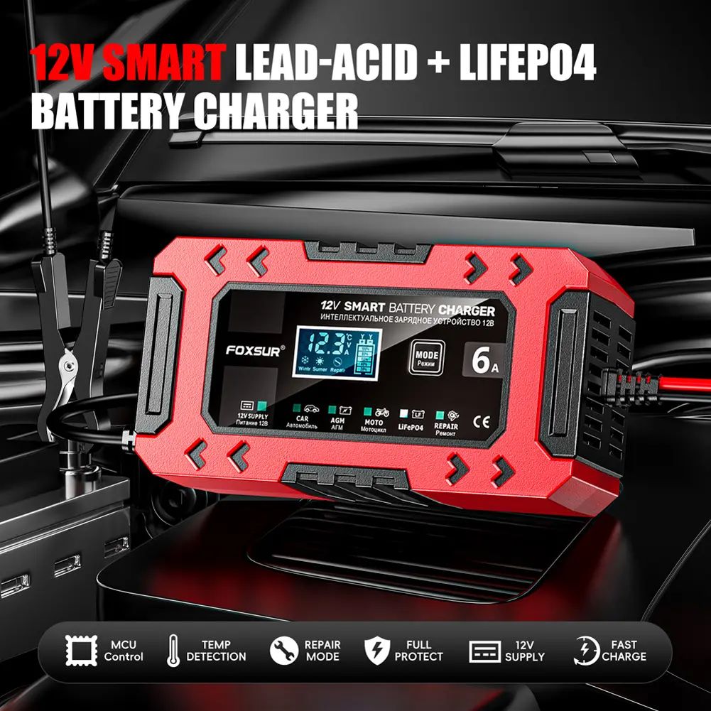 12V6A Car Battery Charger with Temperature Compensation Car Battery Repair Desulfator Fast Charge Pulse Full Intelligent Charger
