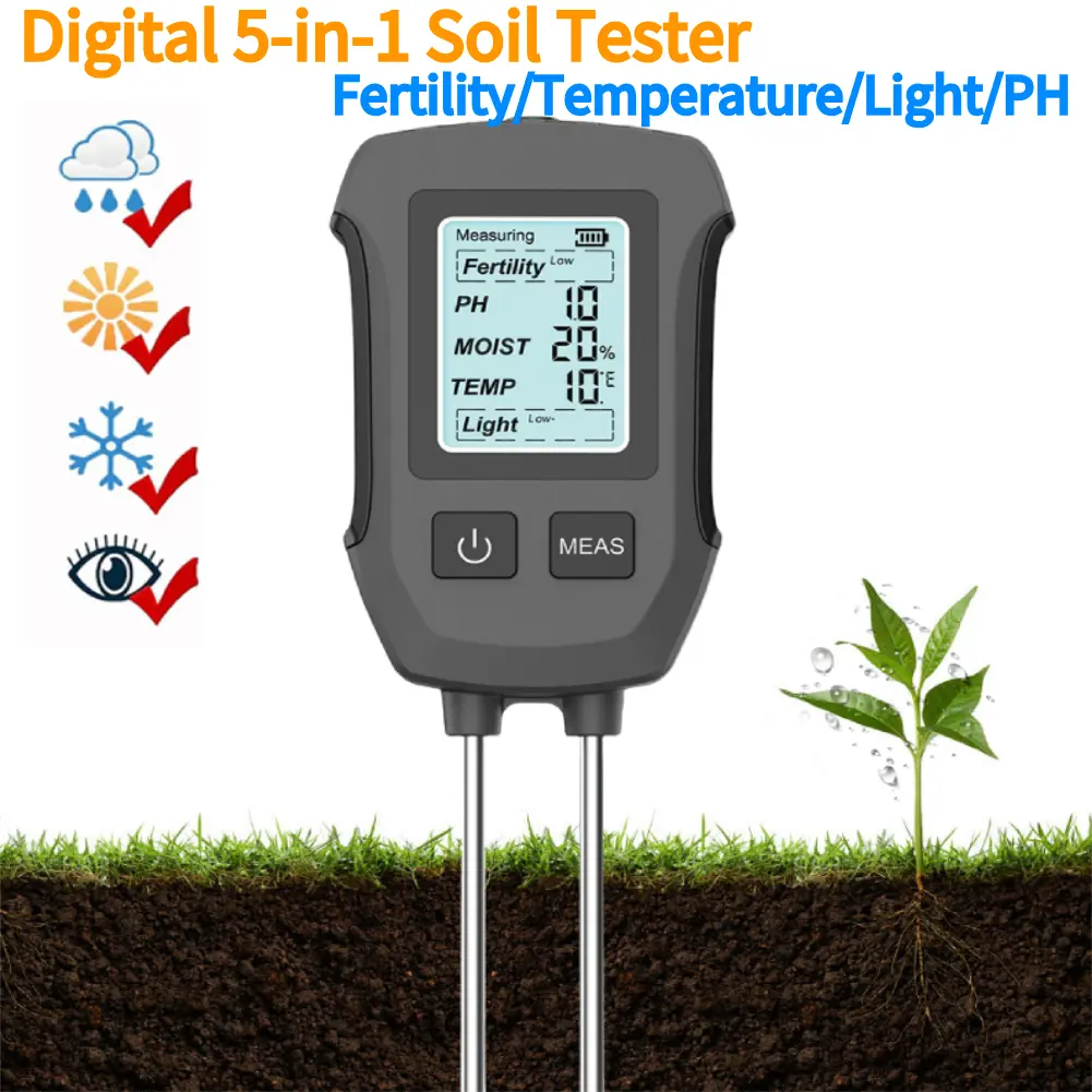 5 in 1 Soil Tester Fertility/Temperature/Moisture/Sunlight/PH Meter Soil Test Meter for Gardening Farming and Outdoor Plants