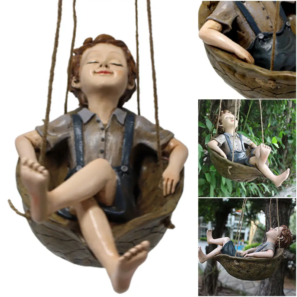 Forest Elf Walnut Swing Boy Pendant Hand-Painted Creative Resin Pendant Boy Swinging Sculpture for Lawns Balconies Courtyard