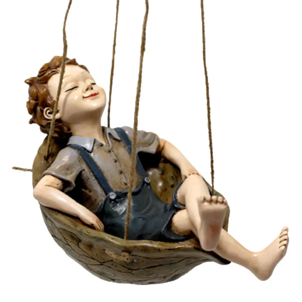 Forest Elf Walnut Swing Boy Pendant Hand-Painted Creative Resin Pendant Boy Swinging Sculpture for Lawns Balconies Courtyard