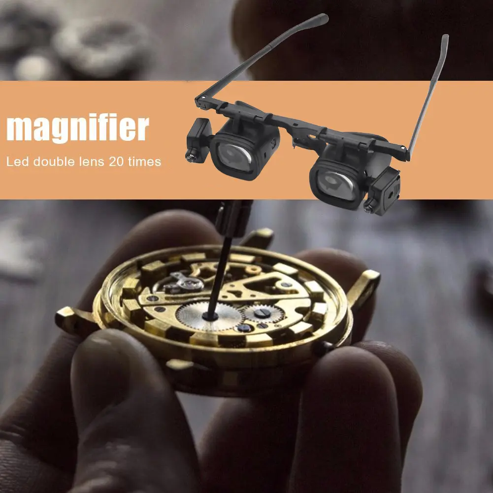 Wearable Magnifier with 2 LED Lights and 6 Detachable Lenses Illuminated Magnifier Glasses 2X 4X 6X 10X 18X 25X for Watch Repair