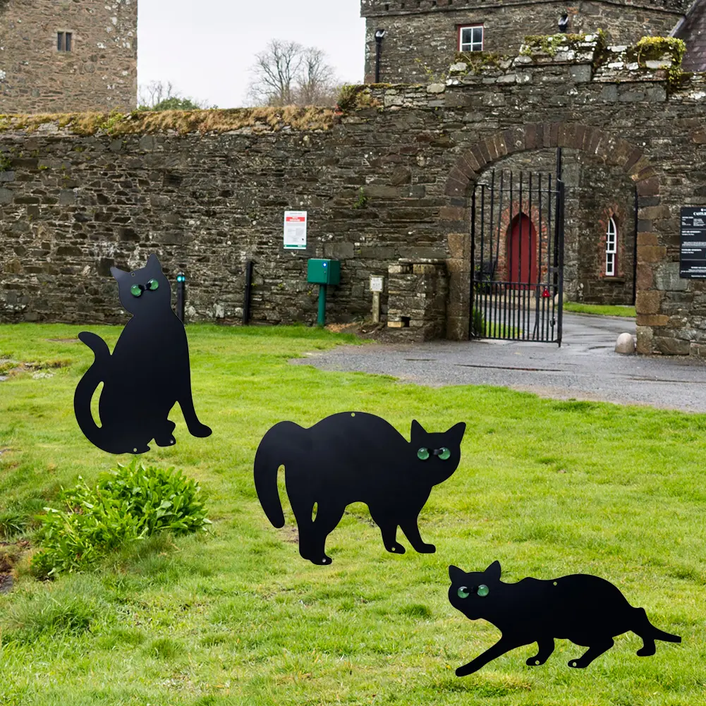 3Pcs Cat Silhouette Scarer with Reflective Eyes Black Cat Garden Scarer Outdoor Cat Decorative Stakes for Yard Outdoor