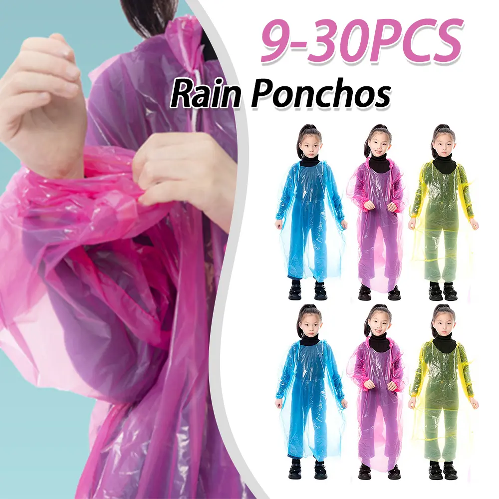 9-30PCS Kids Raincoat Waterproof Disposable Plastic Rain Poncho with Drawstring Hood for Outdoor Camping/Recreation/Hiking