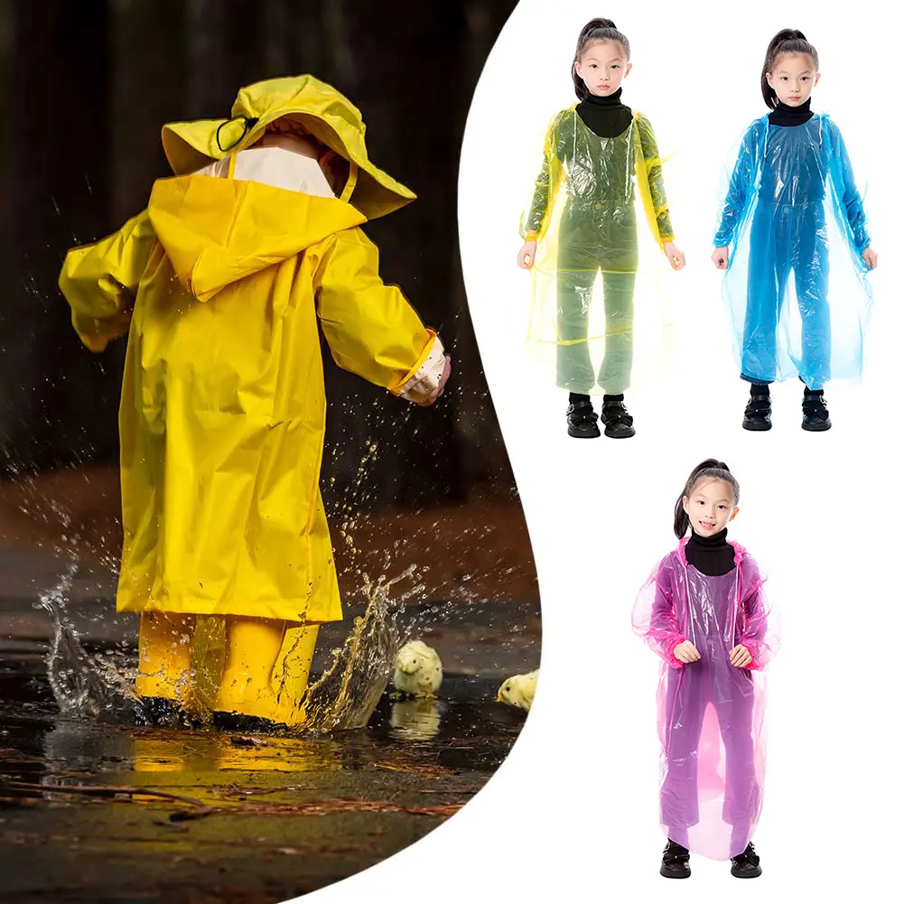 9-30PCS Kids Raincoat Waterproof Disposable Plastic Rain Poncho with Drawstring Hood for Outdoor Camping/Recreation/Hiking