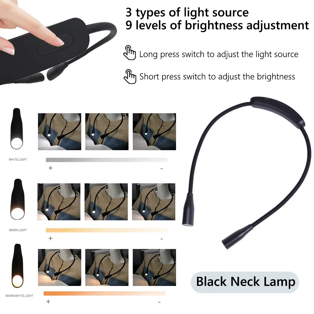 Rechargeable LED Neck Reading Light Bendable Arms LED Night Light Adjustable Brightness Hands Free for Reading Crafting Knitting