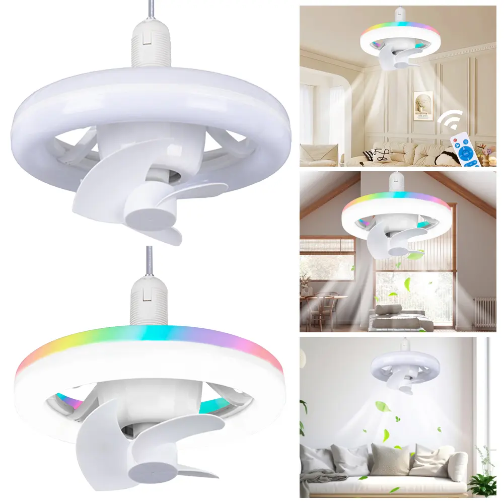 E27 Socket Ceiling Fan with Light RGB Mode Light Socket Fan 3 Speeds Screw in Fan in Light Socket for Kid Bedroom Kitchen Garage