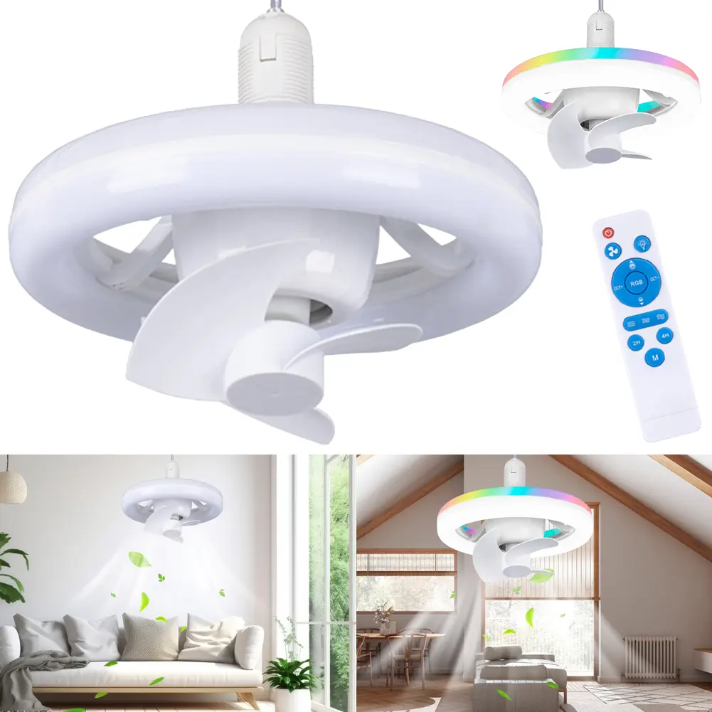 E27 Socket Ceiling Fan with Light RGB Mode Light Socket Fan 3 Speeds Screw in Fan in Light Socket for Kid Bedroom Kitchen Garage