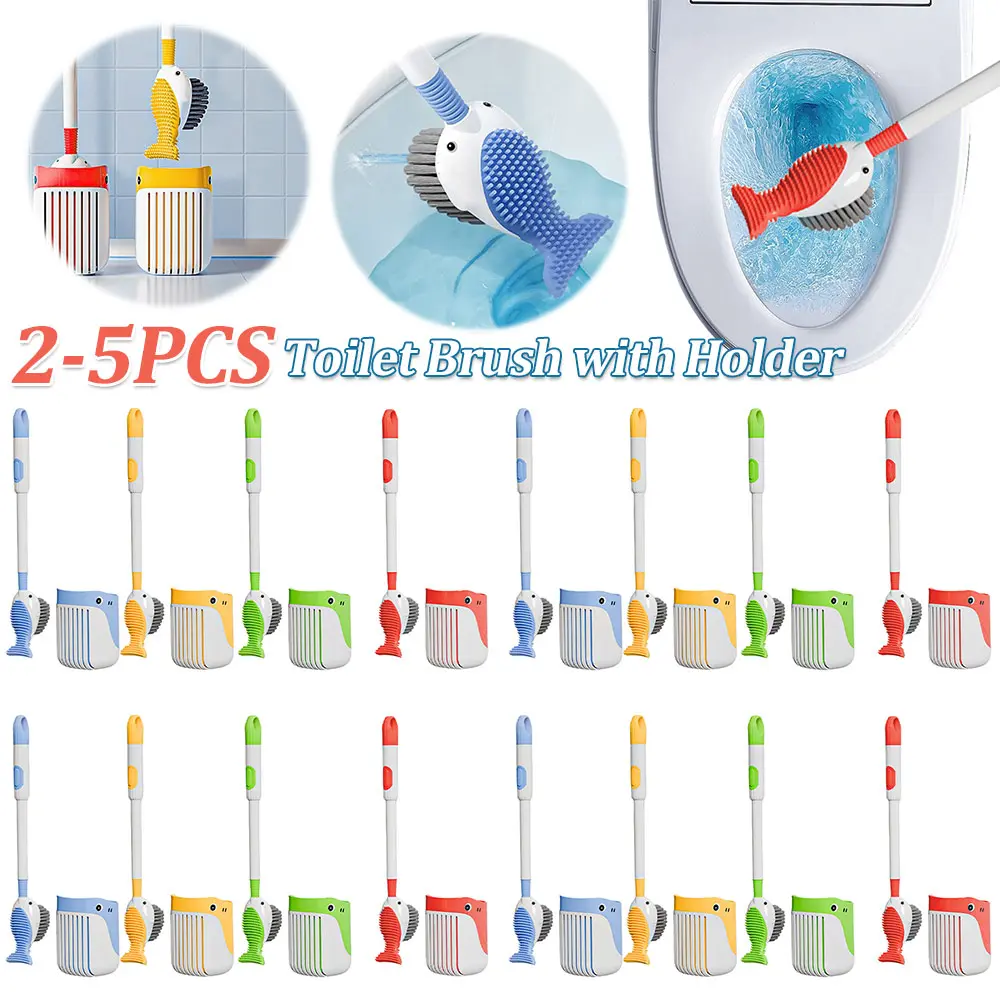 2-5PCS Cartoon Whale Toilet Brush with Holder Wall Mounted Toilet Bowl Cleaner Brush Cartoon Animal Toilet Brush Bathroom