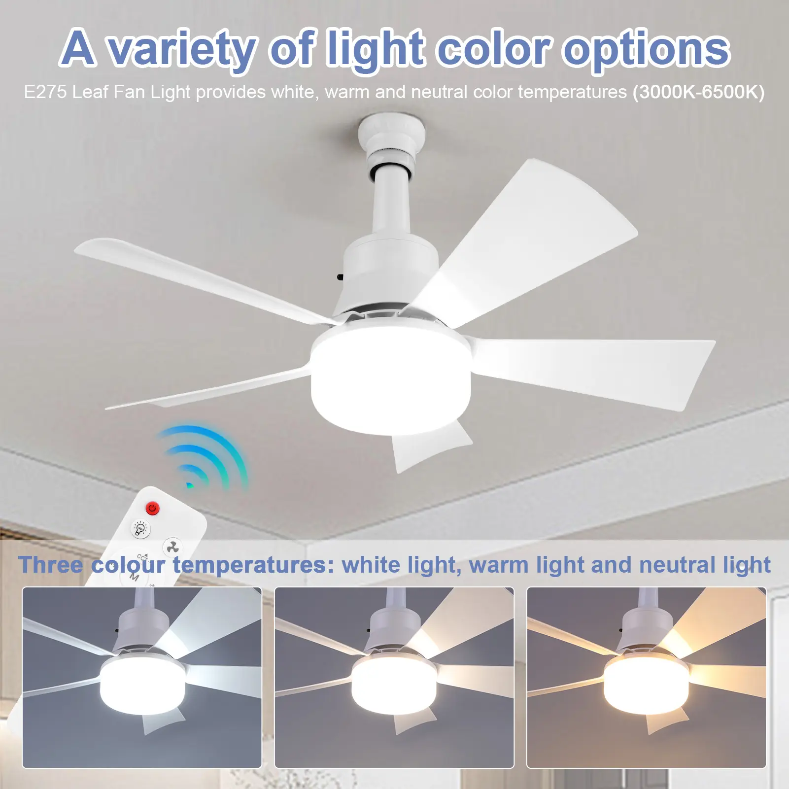 Ceiling Fan with Light Socket Ceiling Fan Remote Control LED Light Fan 3 Light Colors Socket Fan Light Low Noise for Home Office