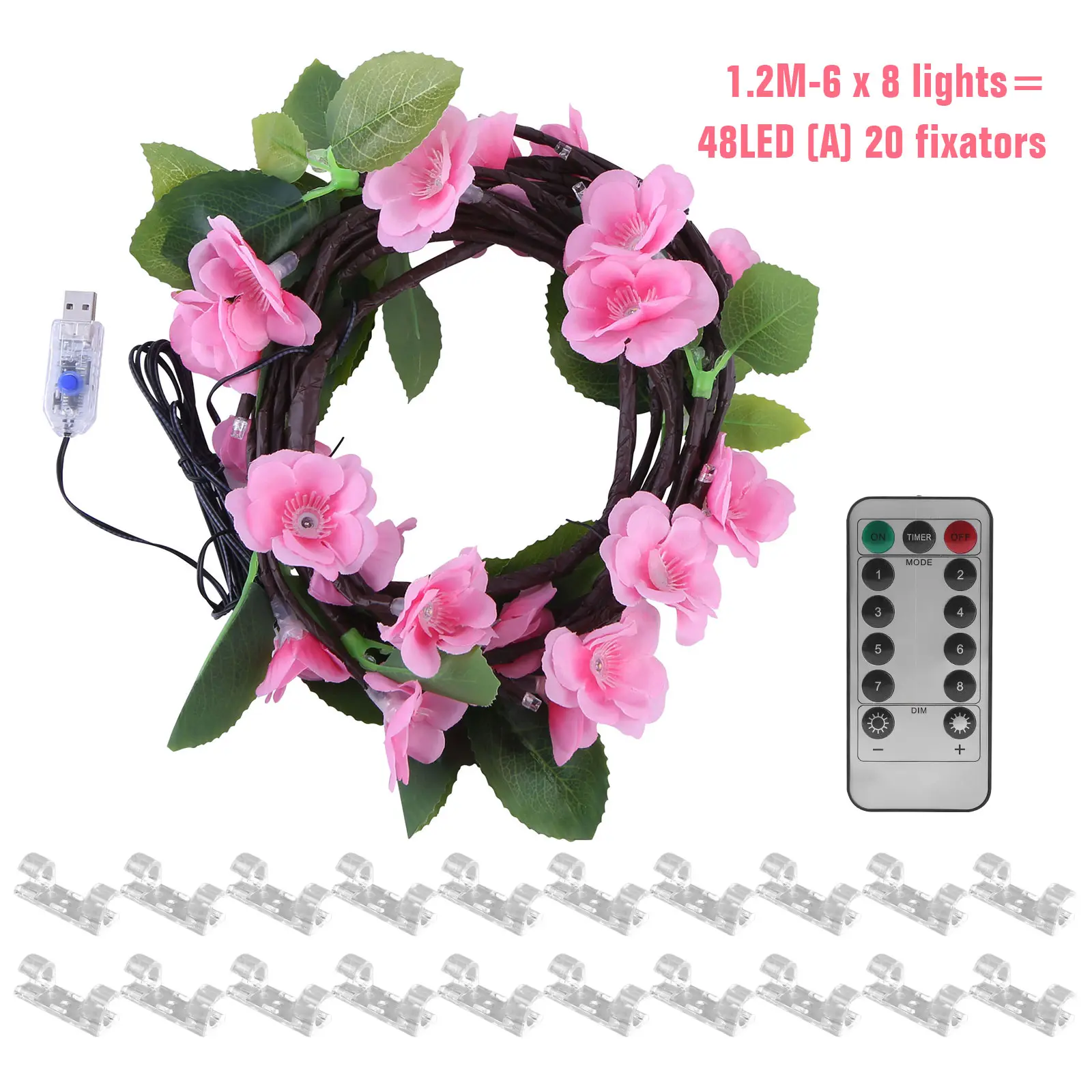 Cherry Blossom Enchanted Vine Light with Remote Control Timing String Lights USB Plug In 8 Light Modes for Walls Doors Windows