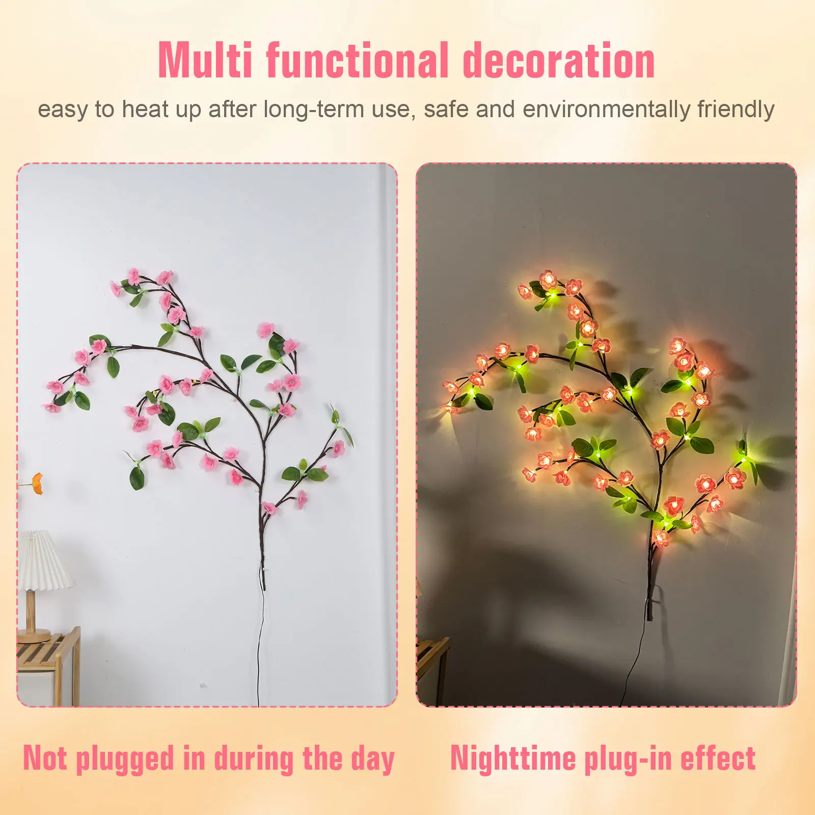 Cherry Blossom Enchanted Vine Light with Remote Control Timing String Lights USB Plug In 8 Light Modes for Walls Doors Windows