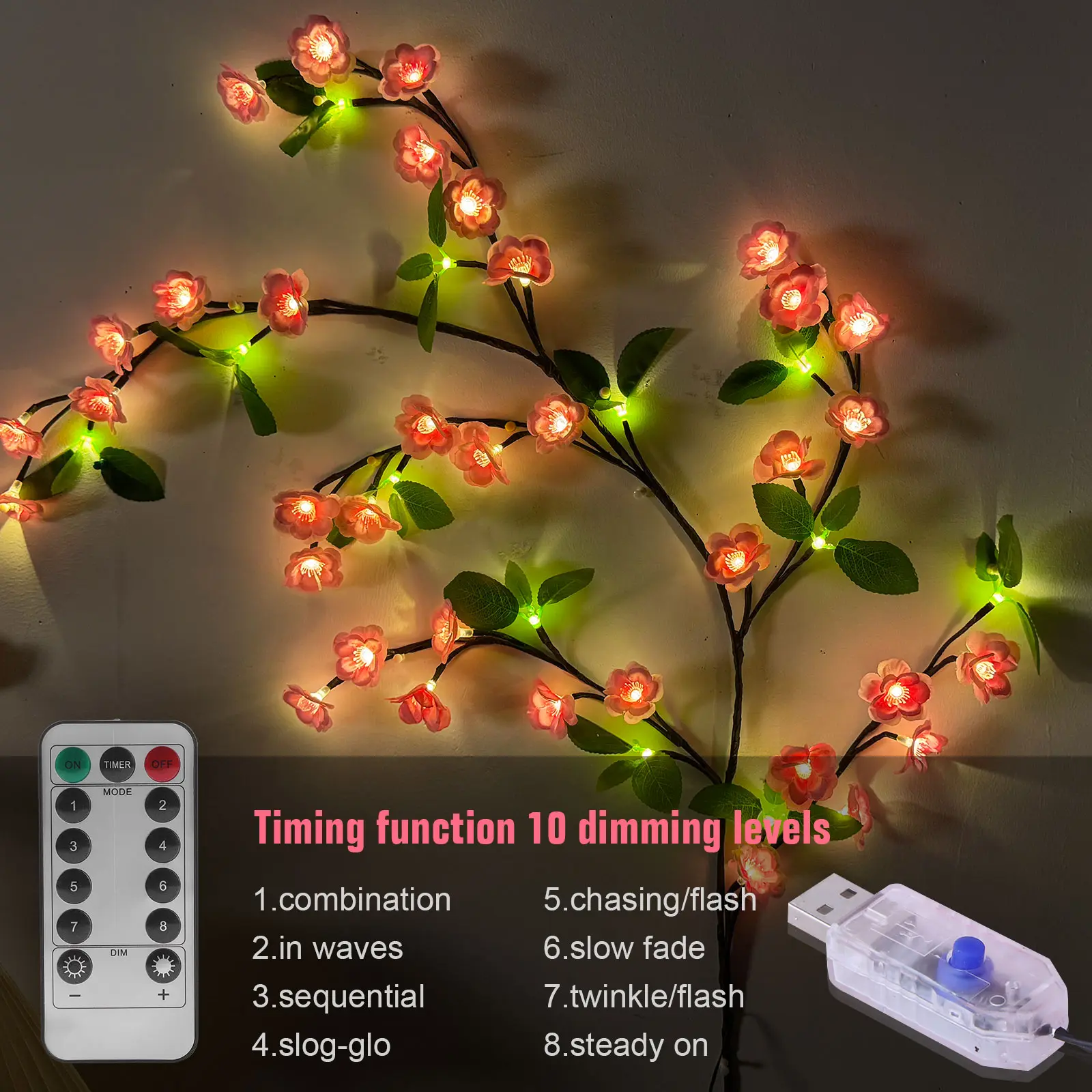 Cherry Blossom Enchanted Vine Light with Remote Control Timing String Lights USB Plug In 8 Light Modes for Walls Doors Windows