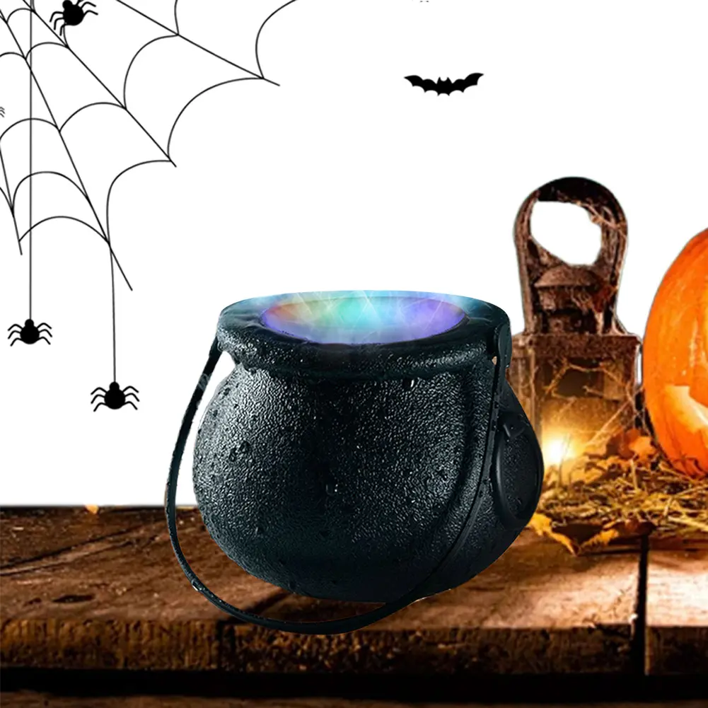 Halloween Witch Cauldron Mister Fogger 6 LED Lights Witch Jar Mist Maker Color Changing for Halloween Decorative Prop