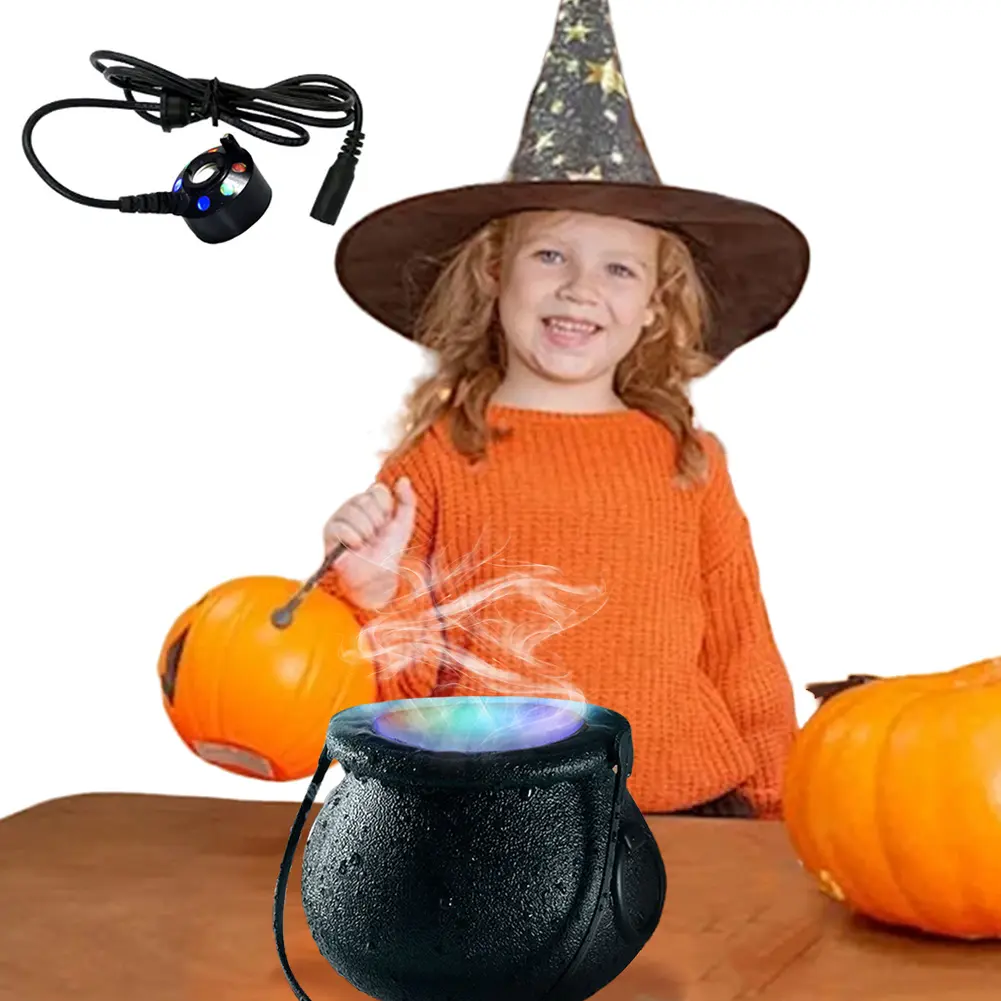 Halloween Witch Cauldron Mister Fogger 6 LED Lights Witch Jar Mist Maker Color Changing for Halloween Decorative Prop