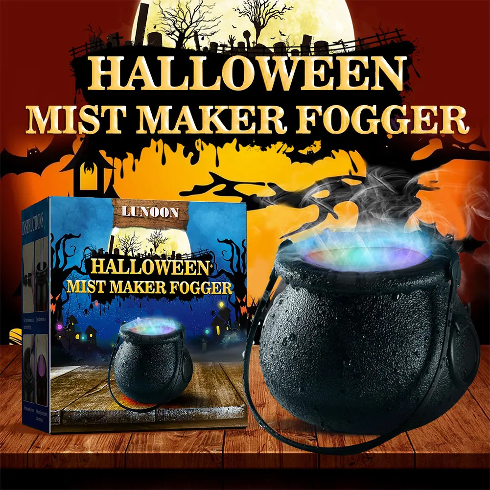 Halloween Witch Cauldron Mister Fogger 6 LED Lights Witch Jar Mist Maker Color Changing for Halloween Decorative Prop