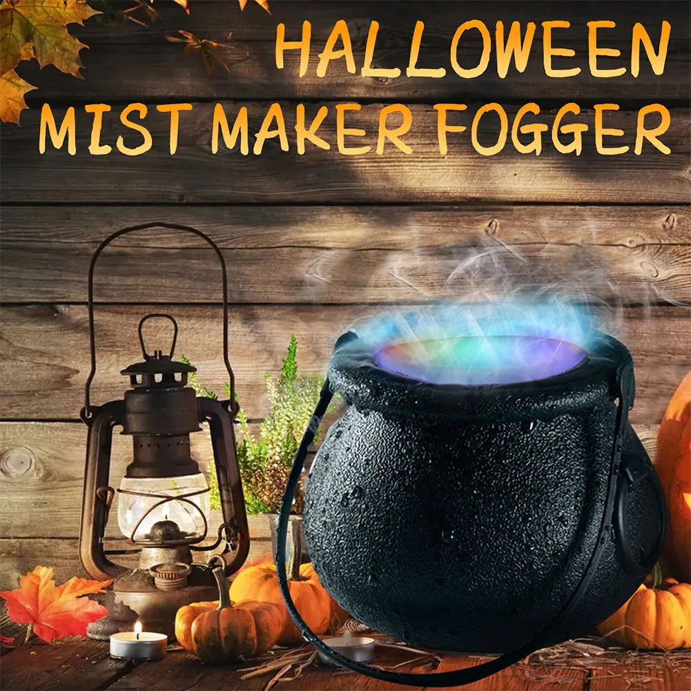 Halloween Witch Cauldron Mister Fogger 6 LED Lights Witch Jar Mist Maker Color Changing for Halloween Decorative Prop