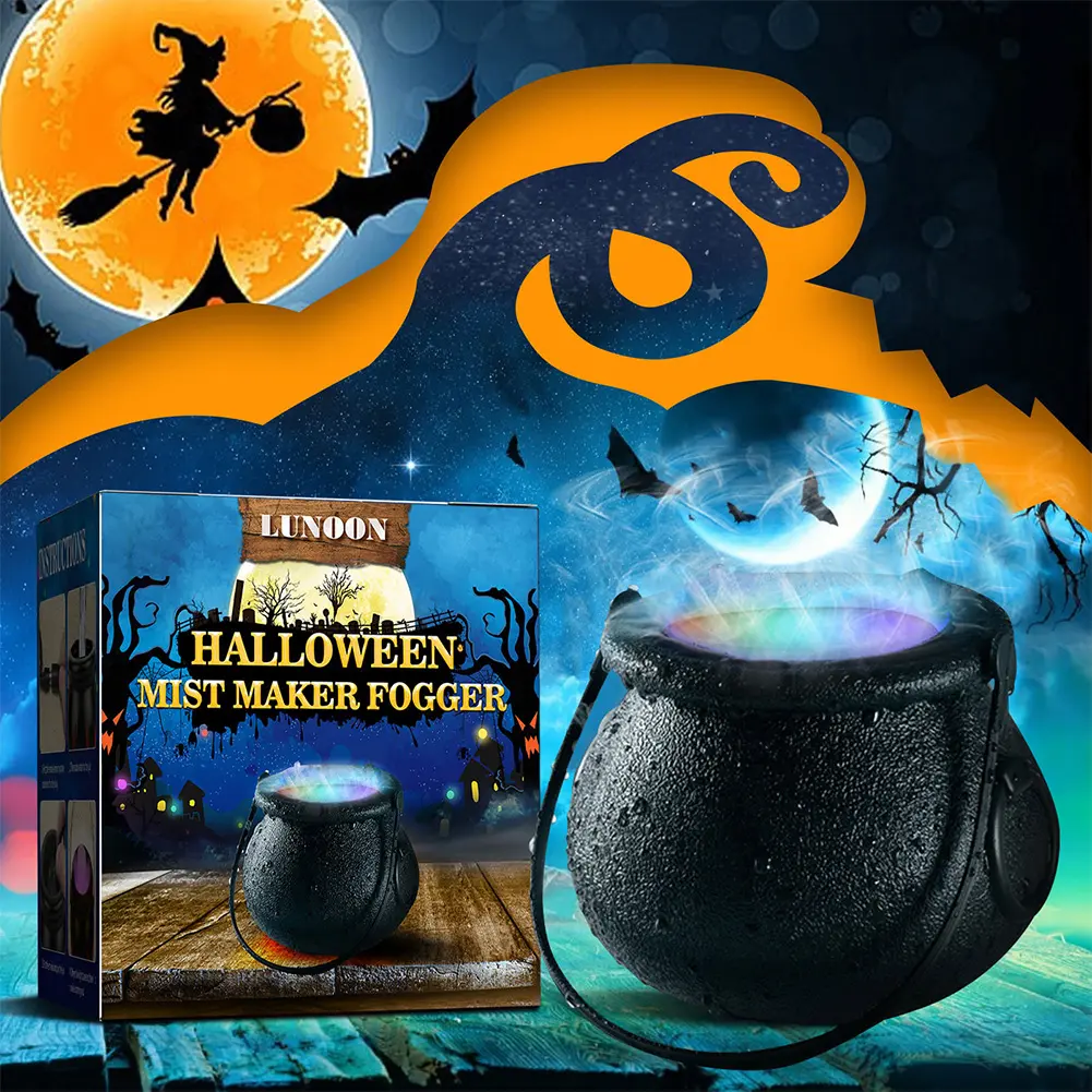 Halloween Witch Cauldron Mister Fogger 6 LED Lights Witch Jar Mist Maker Color Changing for Halloween Decorative Prop