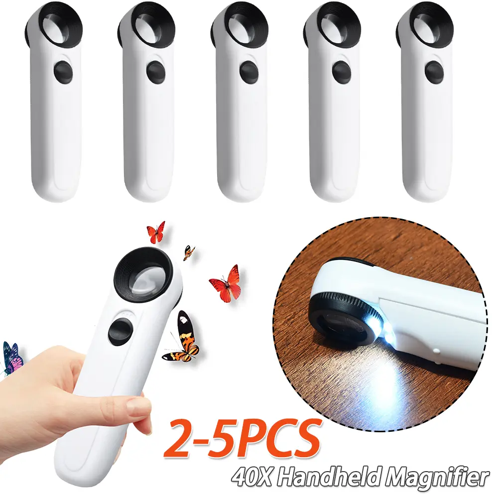 2-5PCS 40X Handheld Magnifier HD Magnifying Glass with 2 LED Lights Jewelry Magnifier Jewelers Loupe for Jewelry Identifying