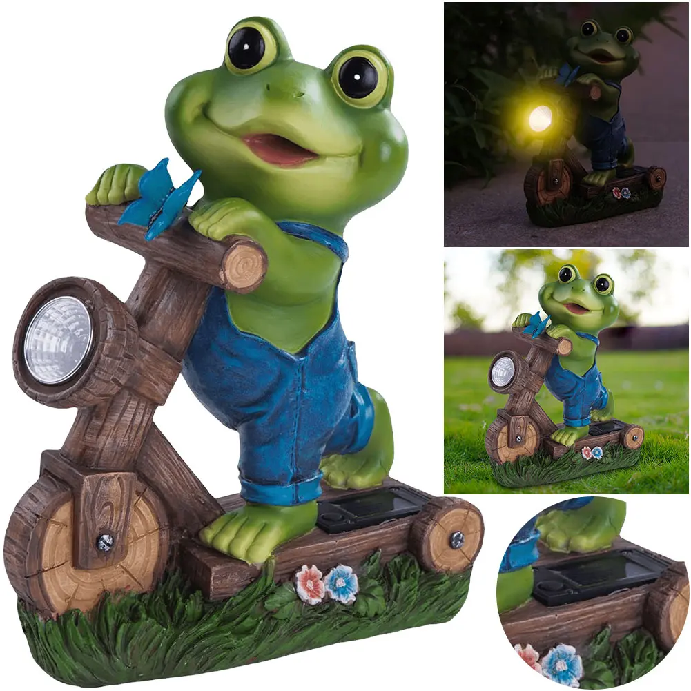 Resin Frog Ornaments with Solar Light Frog Cycling Model Frog Sculpture Cute Animal Statue for Patio Lawn Yard Decoration