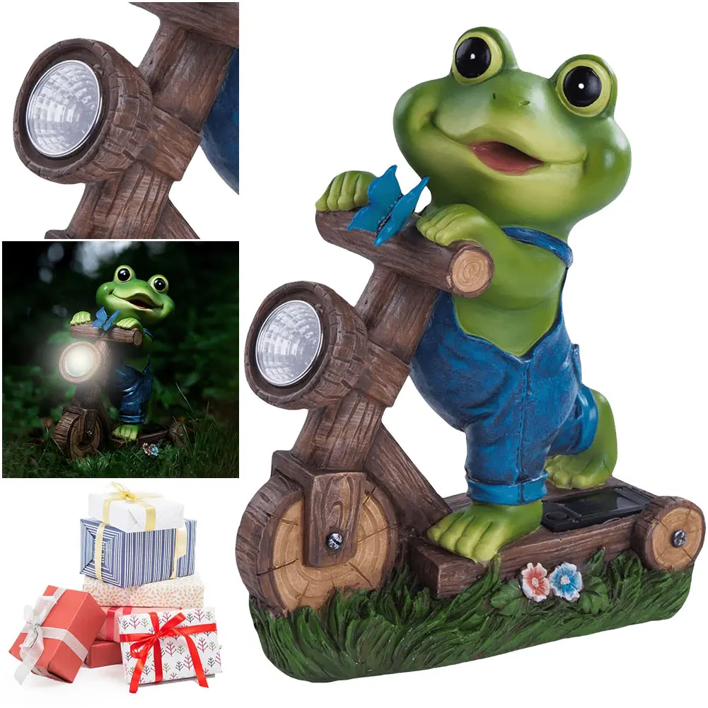 Resin Frog Ornaments with Solar Light Frog Cycling Model Frog Sculpture Cute Animal Statue for Patio Lawn Yard Decoration