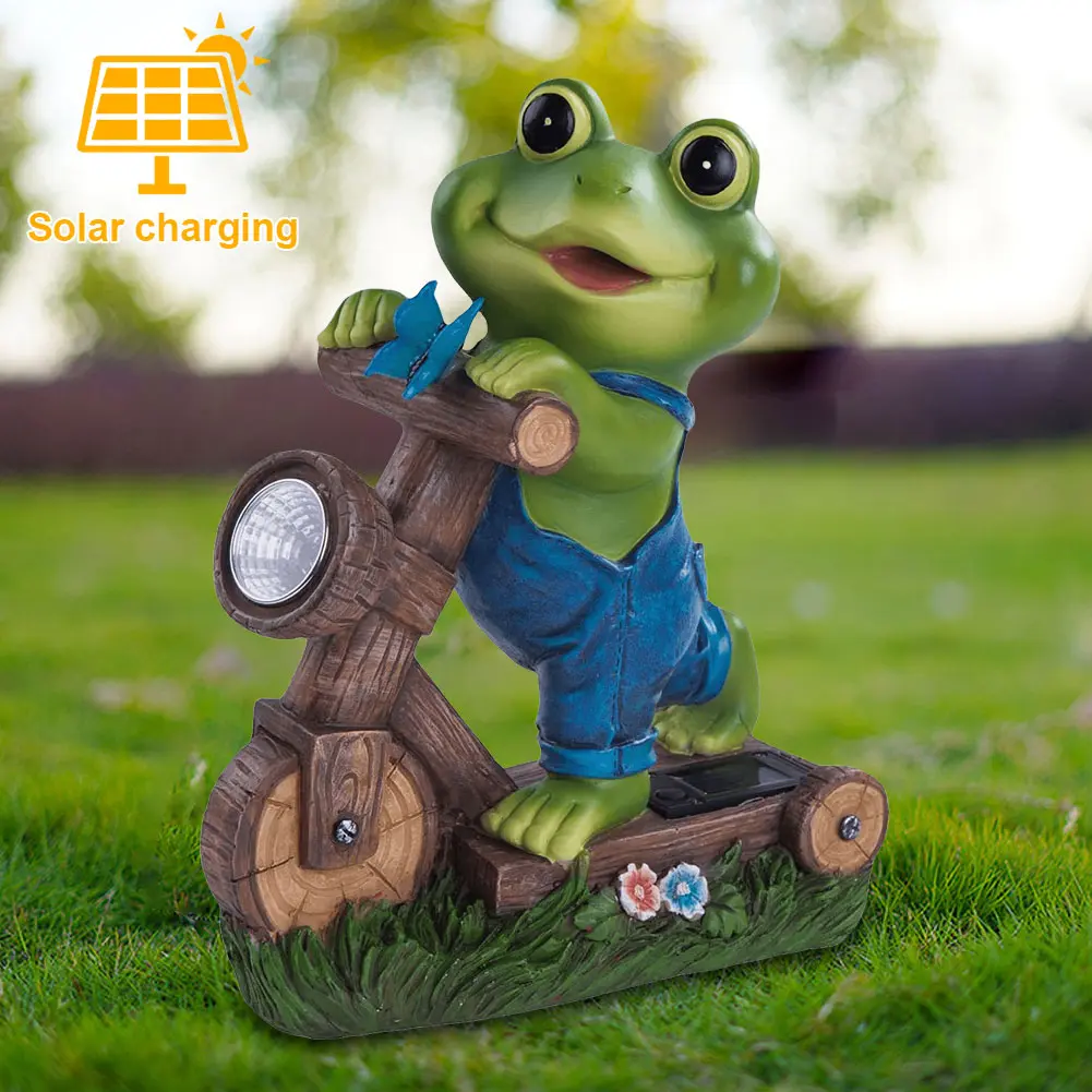 Resin Frog Ornaments with Solar Light Frog Cycling Model Frog Sculpture Cute Animal Statue for Patio Lawn Yard Decoration