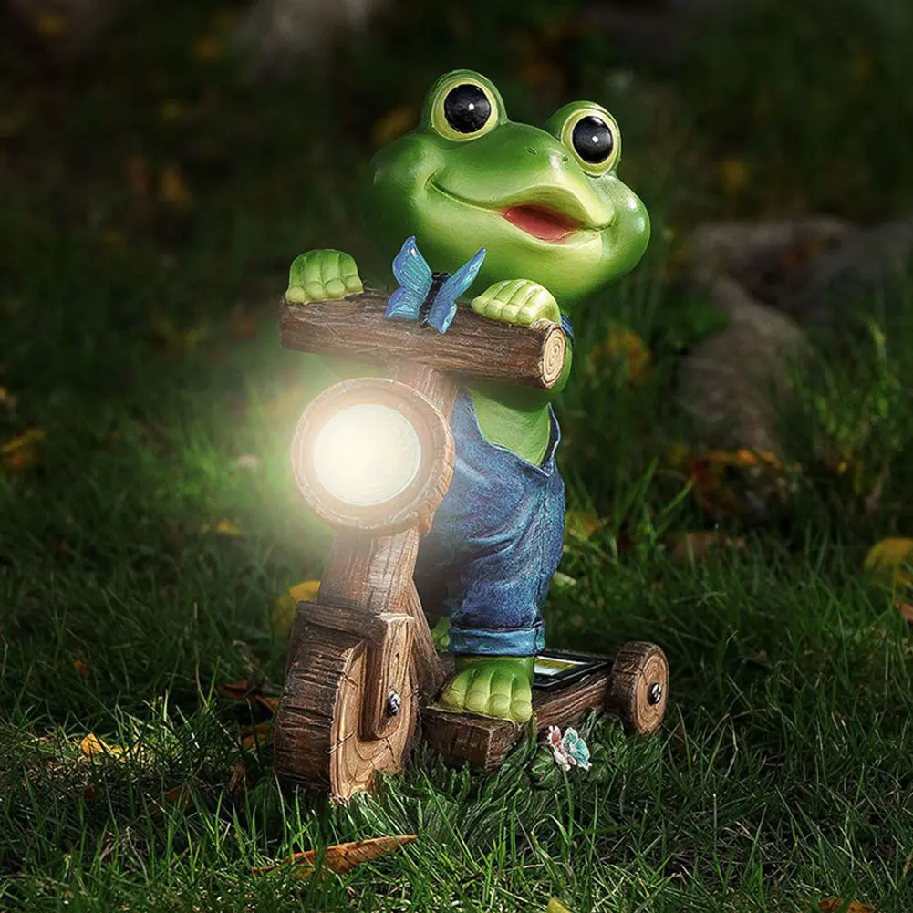 Resin Frog Ornaments with Solar Light Frog Cycling Model Frog Sculpture Cute Animal Statue for Patio Lawn Yard Decoration