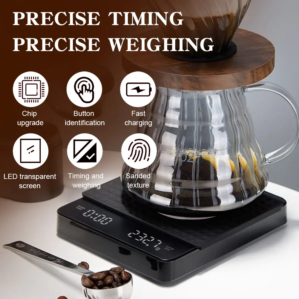 Mini Coffee Scale with Timer Espresso Scale Auto Tare Rechargeable 3kg/0.1g Portable Digital Kitchen Scale for Pour Over Coffee