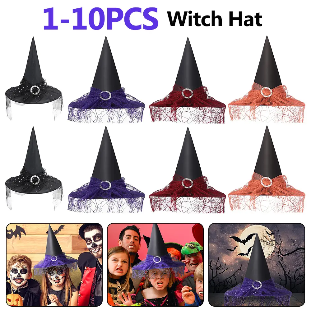 1-10PCS Black Large Ruched Witch Hat Mini Pointy Witch Hat Cosplay Party Prop Halloween Accessory Dress Up Party Supplies