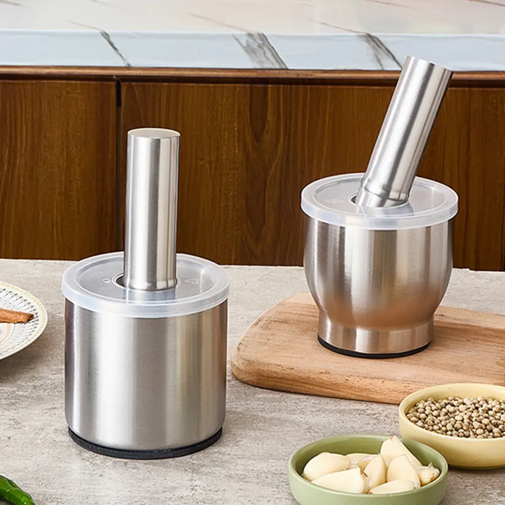 304 Stainless Steel Manual Garlic Pounder Anti-Slip Thick Grinding Bowl Rust Proof Mortar and Pestle Set for Lemon Spices Herbs