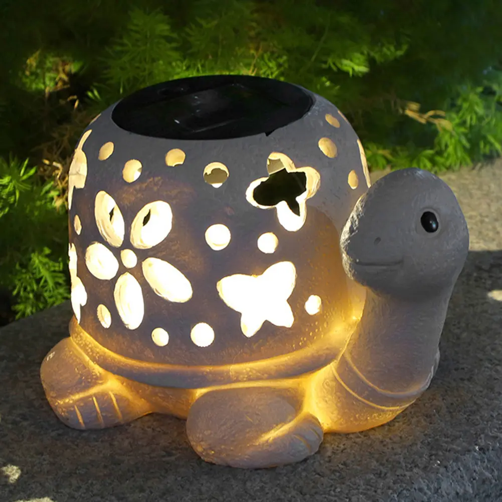 Solar Turtle Statue Light Cartoon Turtle Statue Auto On/Off Resin Turtle Figurine Multi-Function Hollow Out for Outdoor Decor