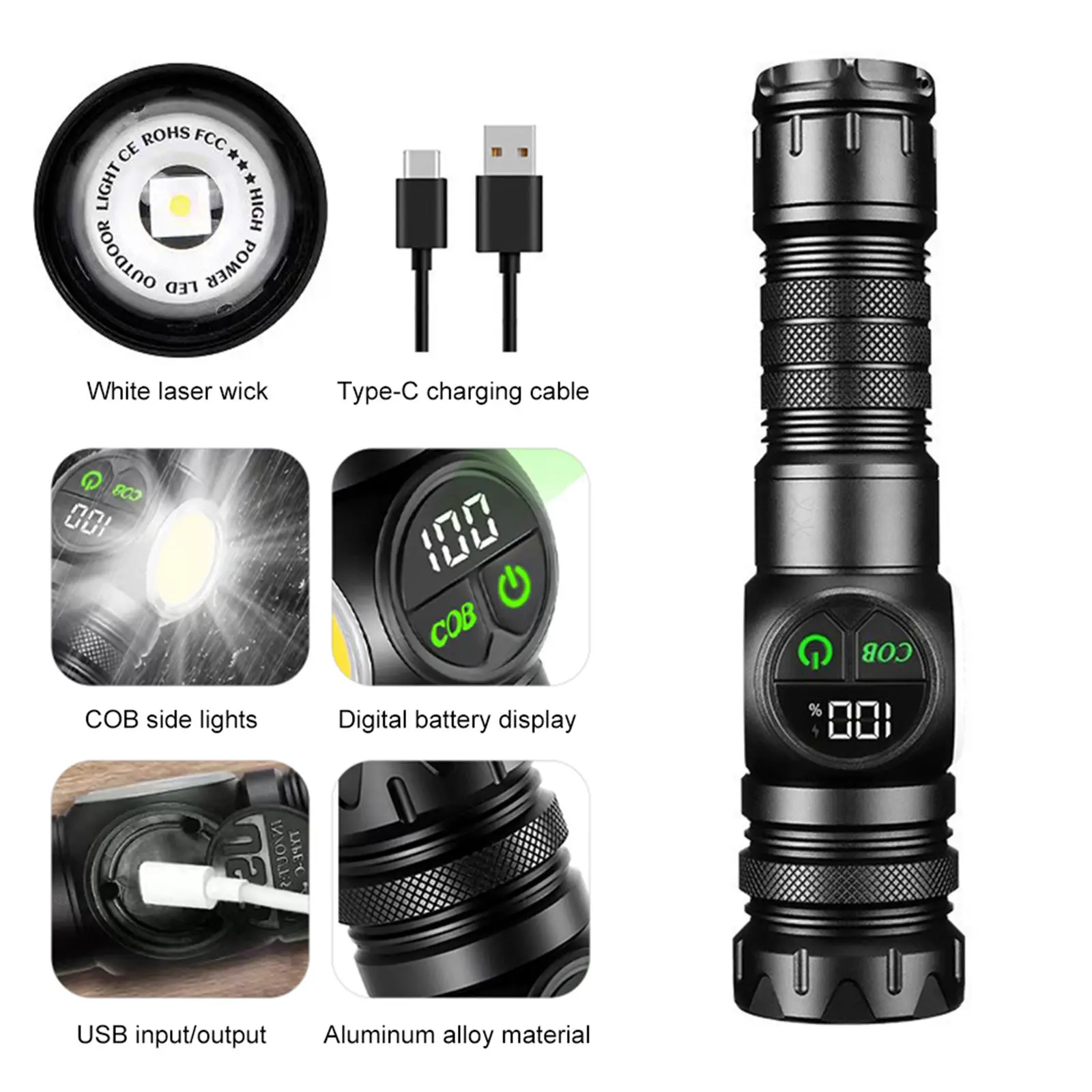 20W LED+COB Zoomable Flashlight Power Display Super Bright Flashlight Type-C Rechargeable Powerful Flashlight for Power Outages