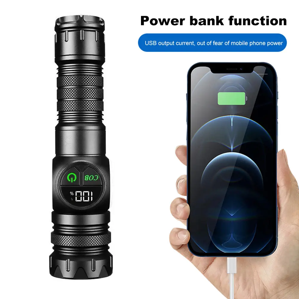 20W LED+COB Zoomable Flashlight Power Display Super Bright Flashlight Type-C Rechargeable Powerful Flashlight for Power Outages