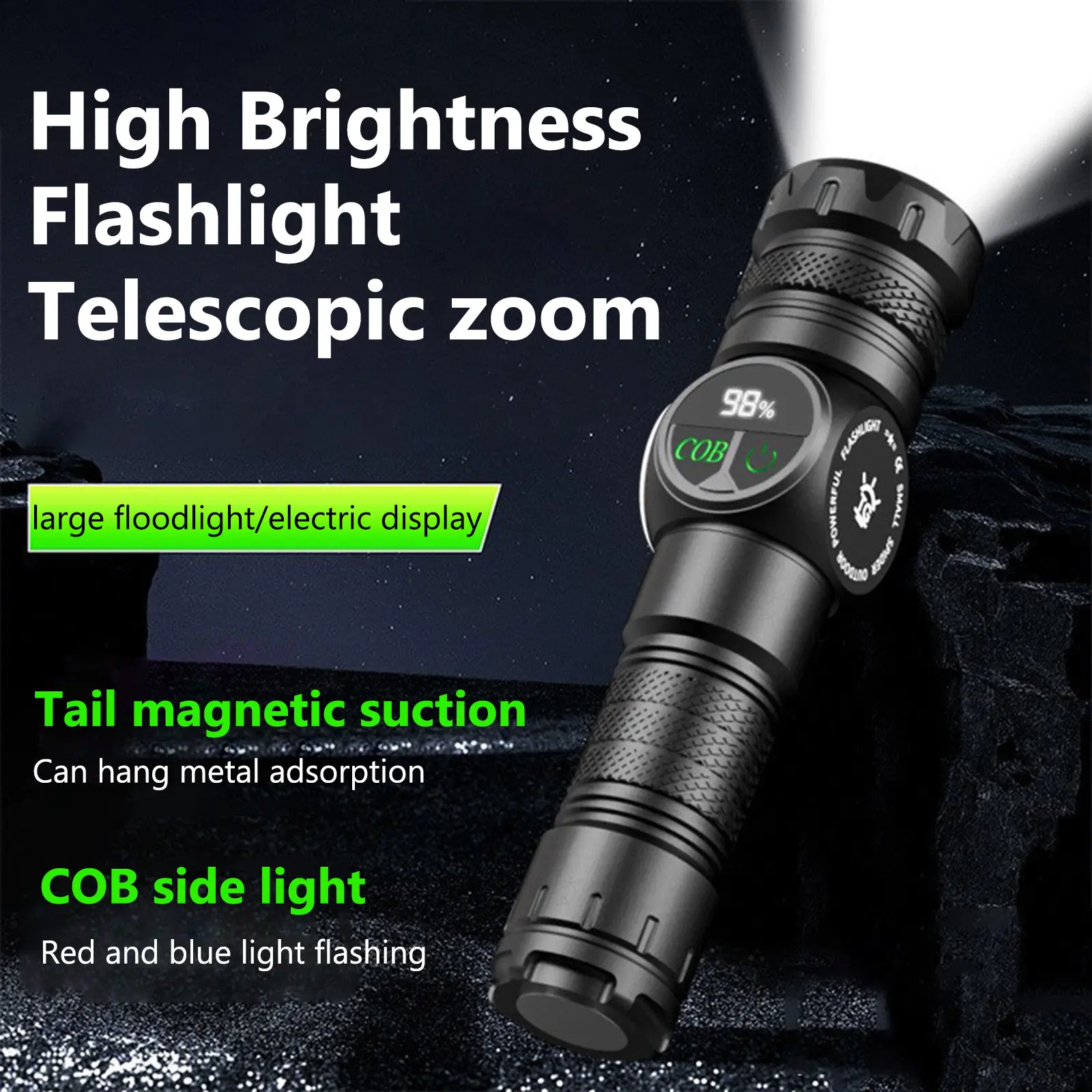 20W LED+COB Zoomable Flashlight Power Display Super Bright Flashlight Type-C Rechargeable Powerful Flashlight for Power Outages