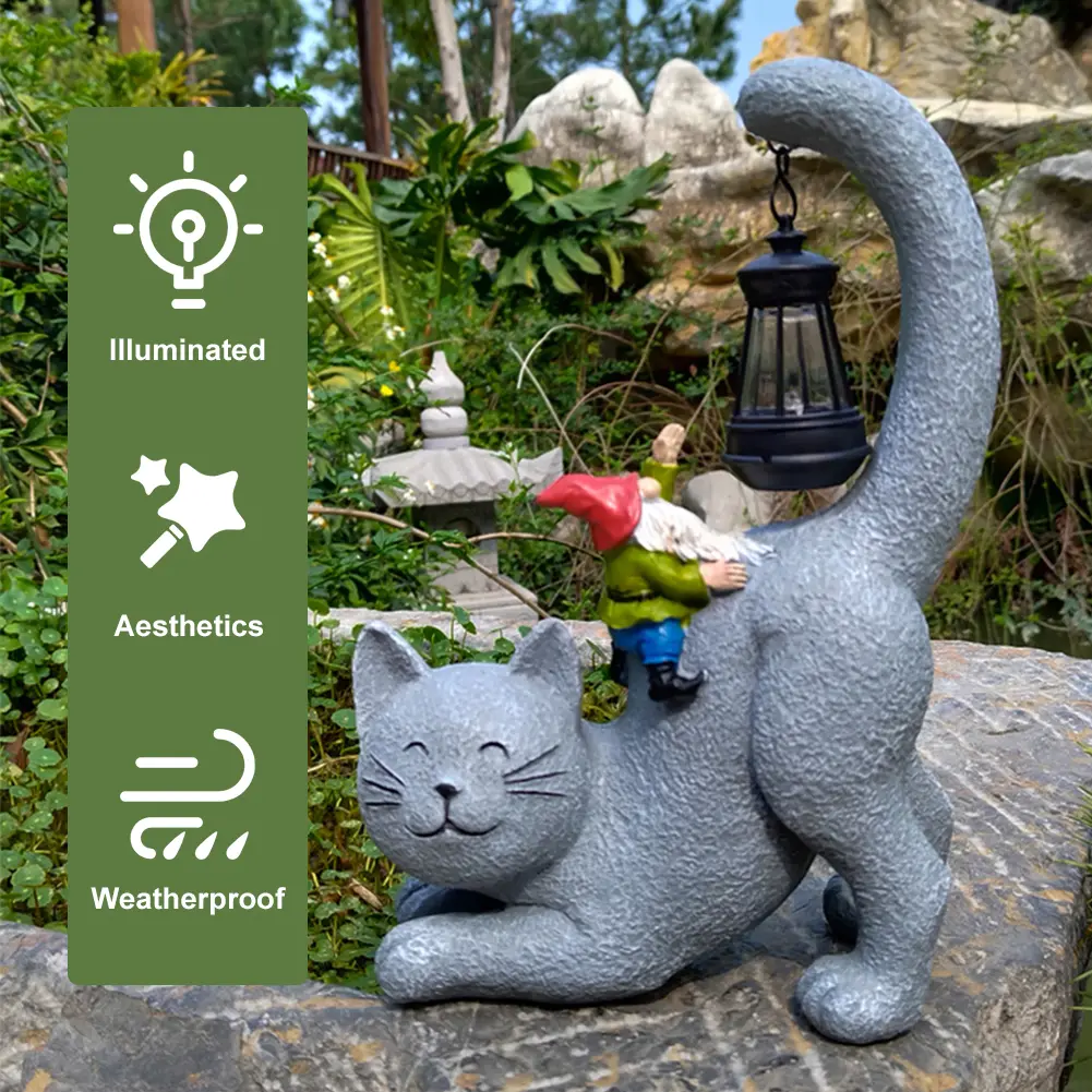 Solar Garden Statue Cat Figurine with Solar-Powered LED Light Lawn Decor Statue Outdoor Cat Figurine for Patio Balcony Yard Lawn