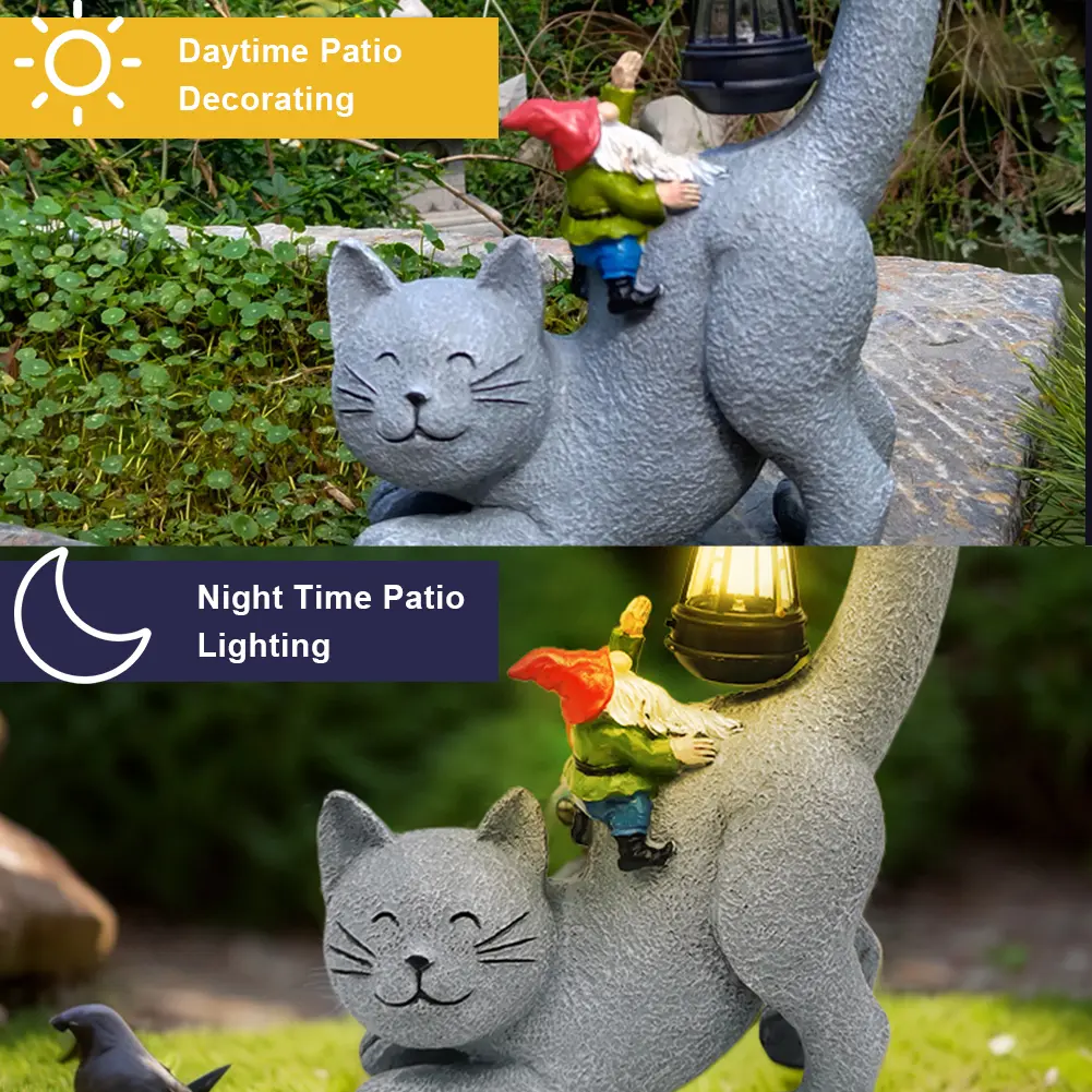Solar Garden Statue Cat Figurine with Solar-Powered LED Light Lawn Decor Statue Outdoor Cat Figurine for Patio Balcony Yard Lawn