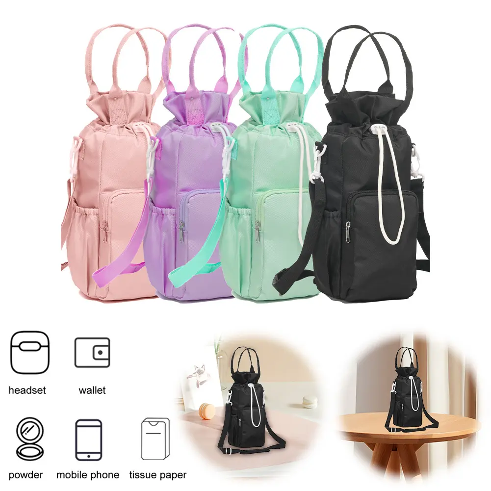 Crossbody Water Bottle Bag with Phone Pocket Water Bottle Sling Bag with Handle Drawstring Water Bottle Carrier for Travelling