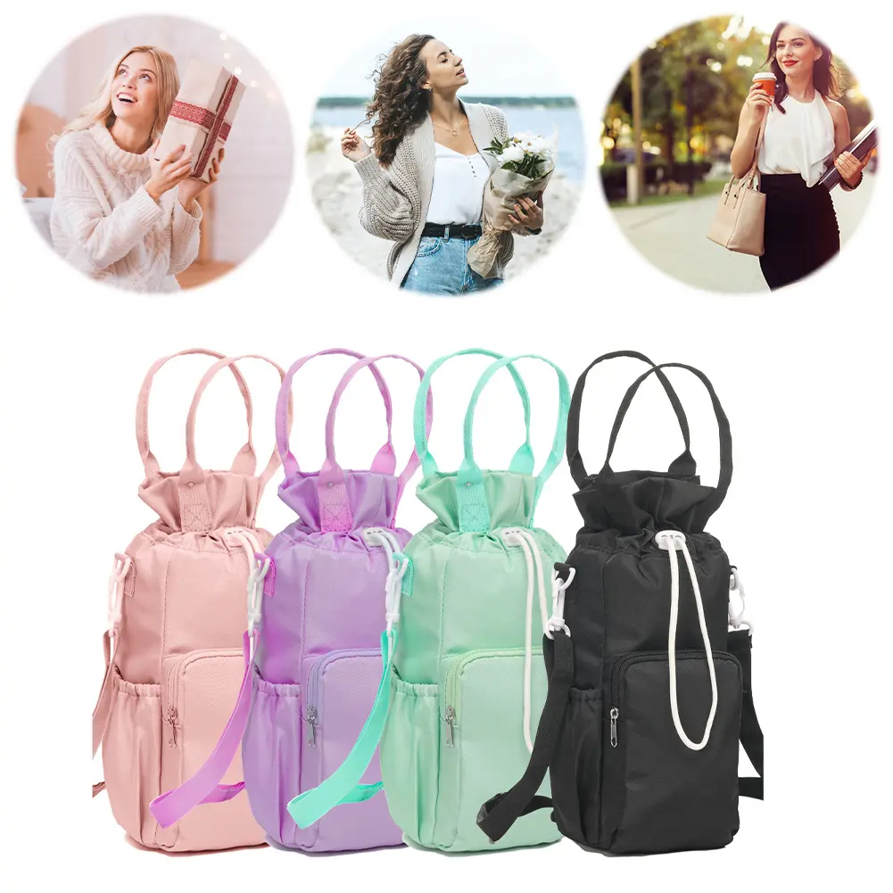 Crossbody Water Bottle Bag with Phone Pocket Water Bottle Sling Bag with Handle Drawstring Water Bottle Carrier for Travelling
