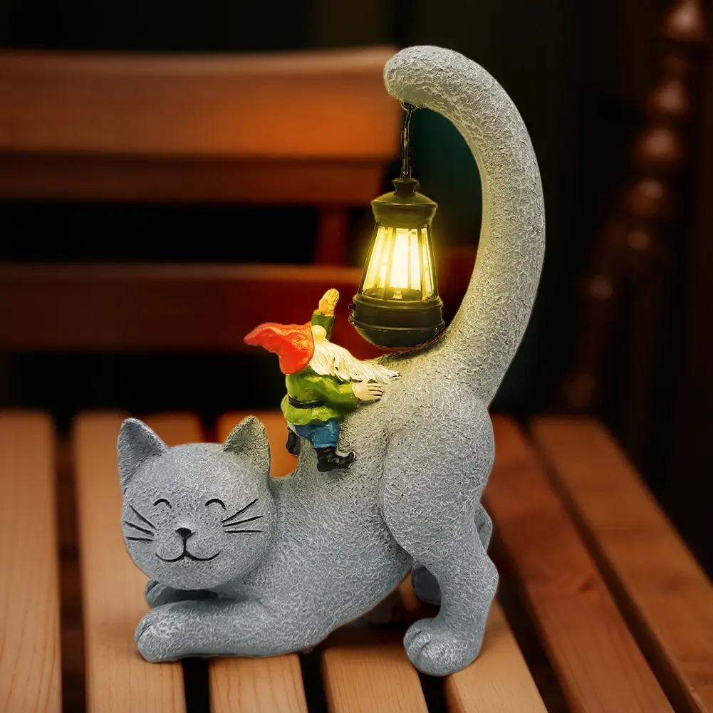 Solar Garden Statue Cat Figurine with Solar-Powered LED Light Lawn Decor Statue Outdoor Cat Figurine for Patio Balcony Yard Lawn