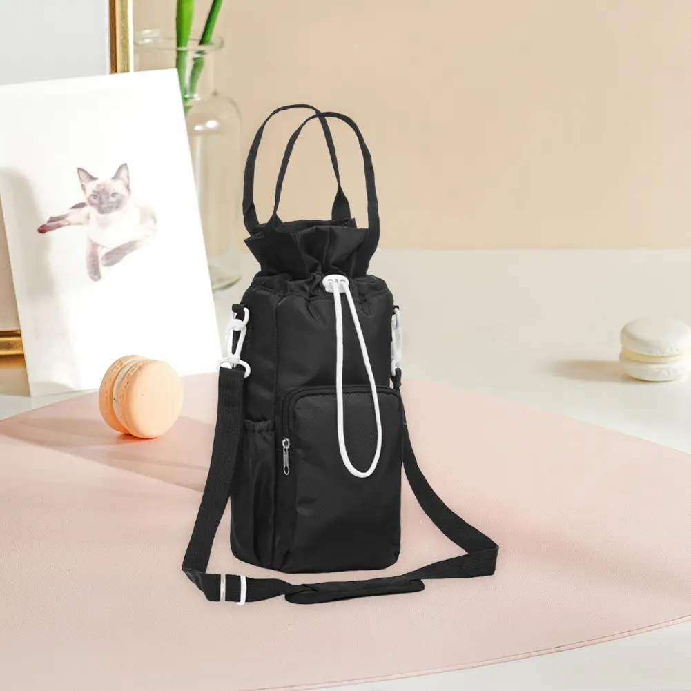 Crossbody Water Bottle Bag with Phone Pocket Water Bottle Sling Bag with Handle Drawstring Water Bottle Carrier for Travelling
