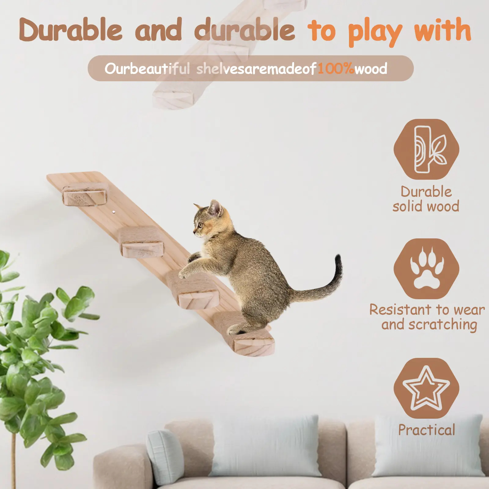 Cat Climbing Shelf Wooden Cat Wall Shelves Wall Mounted Cat Climbing Ladder for Cats Perch Shelves