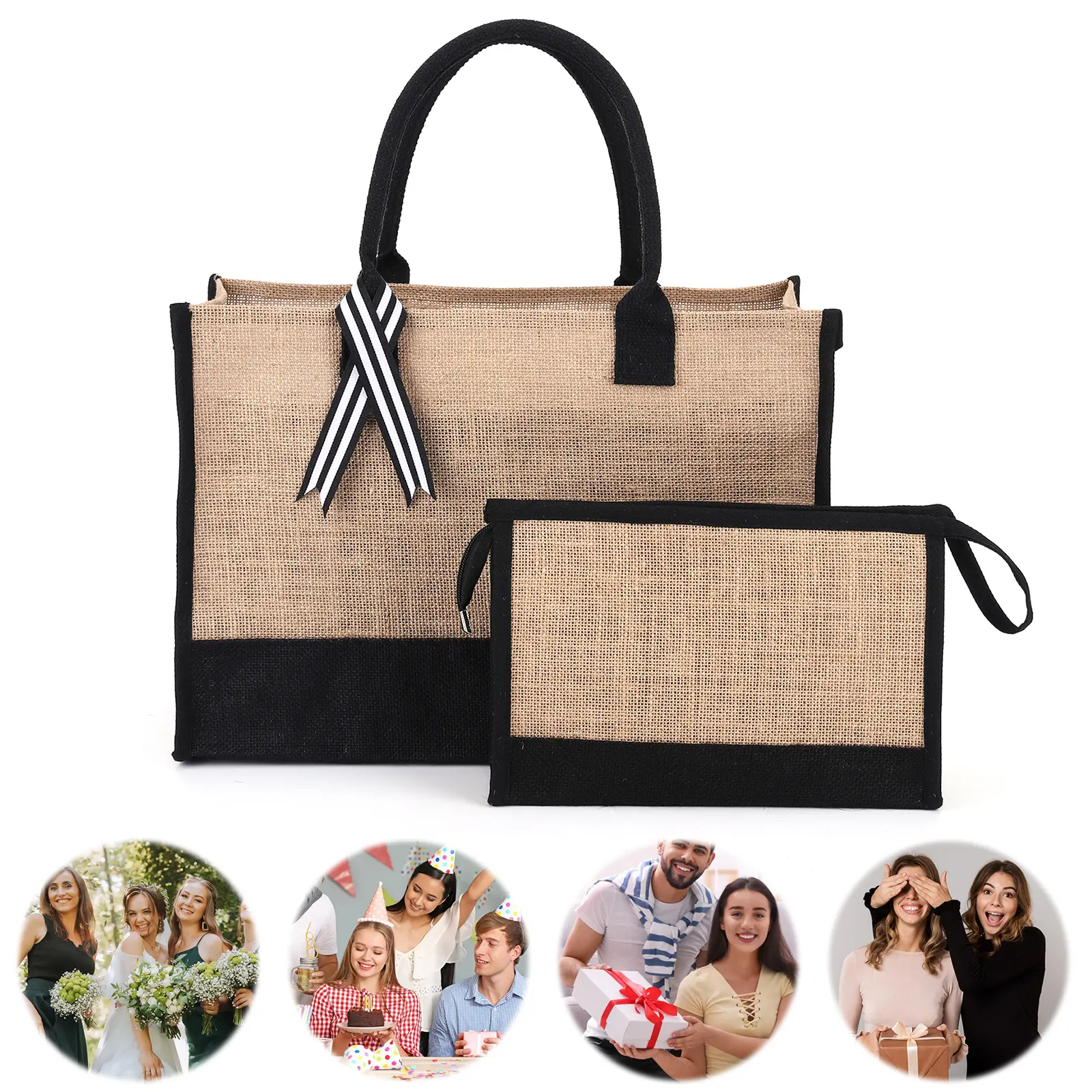 Women Jute Tote Bag Jute Beach Bag Large Capacity with Pouch Reusable Gift Tote Bag Patchwork for Wedding Birthday Holiday