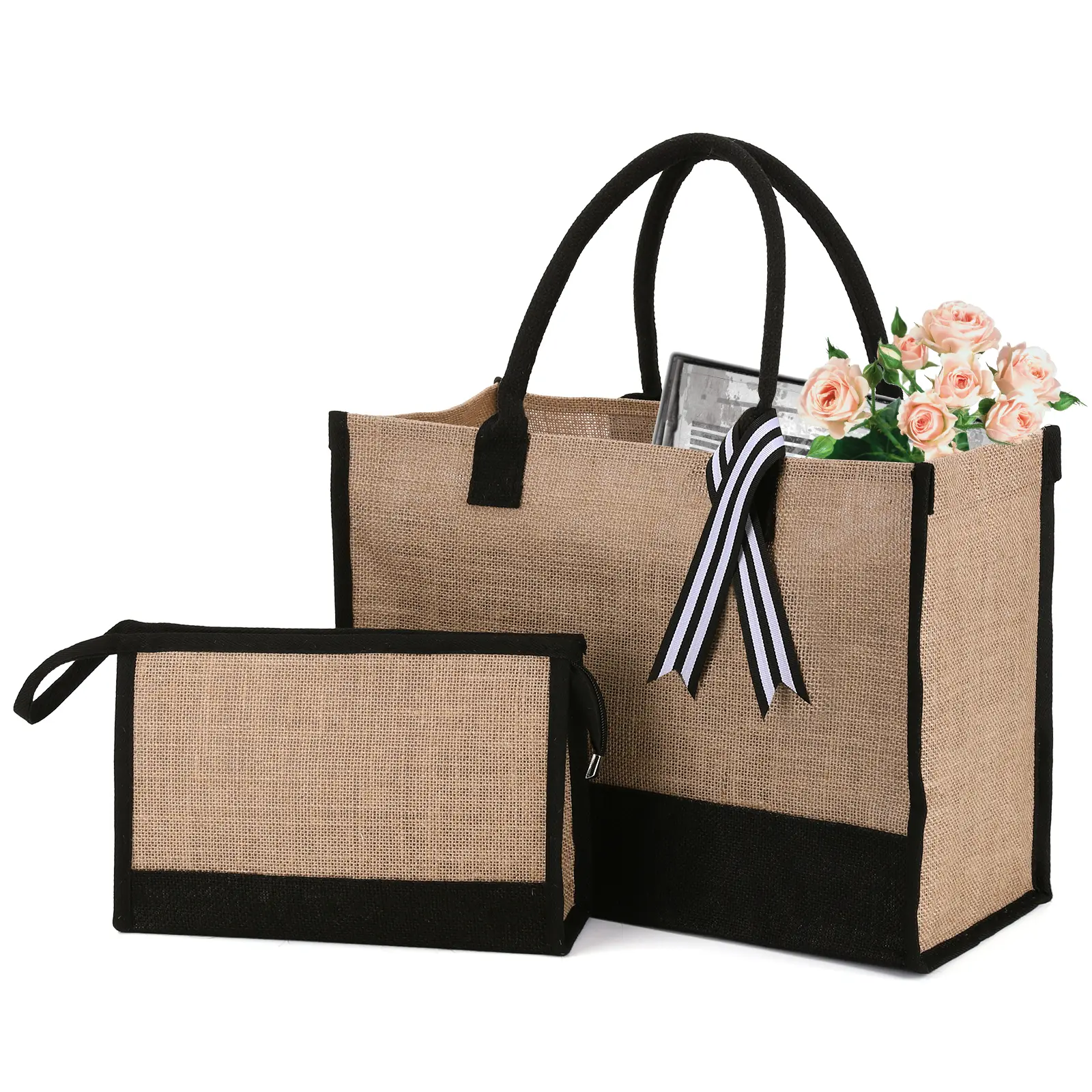 Women Jute Tote Bag Jute Beach Bag Large Capacity with Pouch Reusable Gift Tote Bag Patchwork for Wedding Birthday Holiday