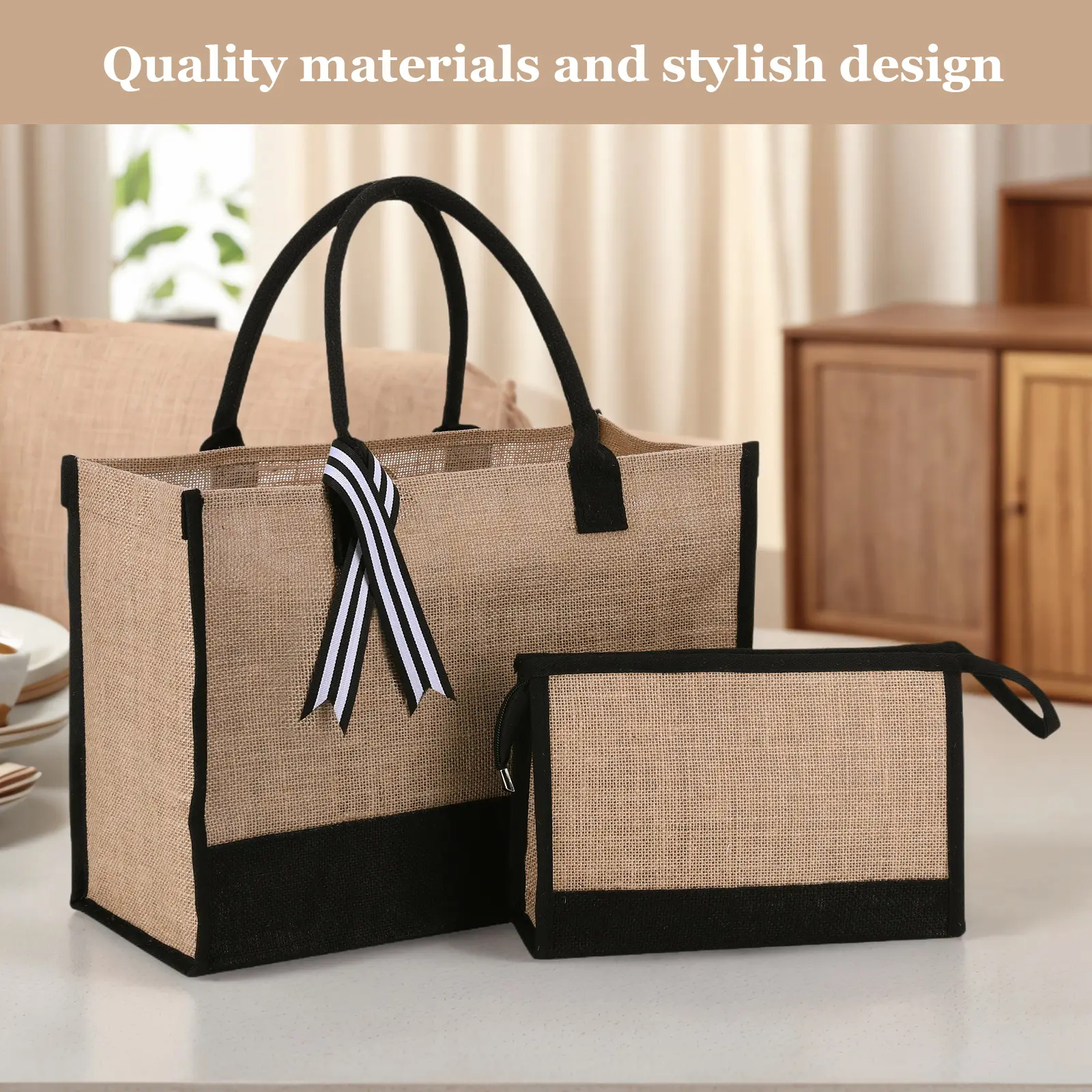 Women Jute Tote Bag Jute Beach Bag Large Capacity with Pouch Reusable Gift Tote Bag Patchwork for Wedding Birthday Holiday