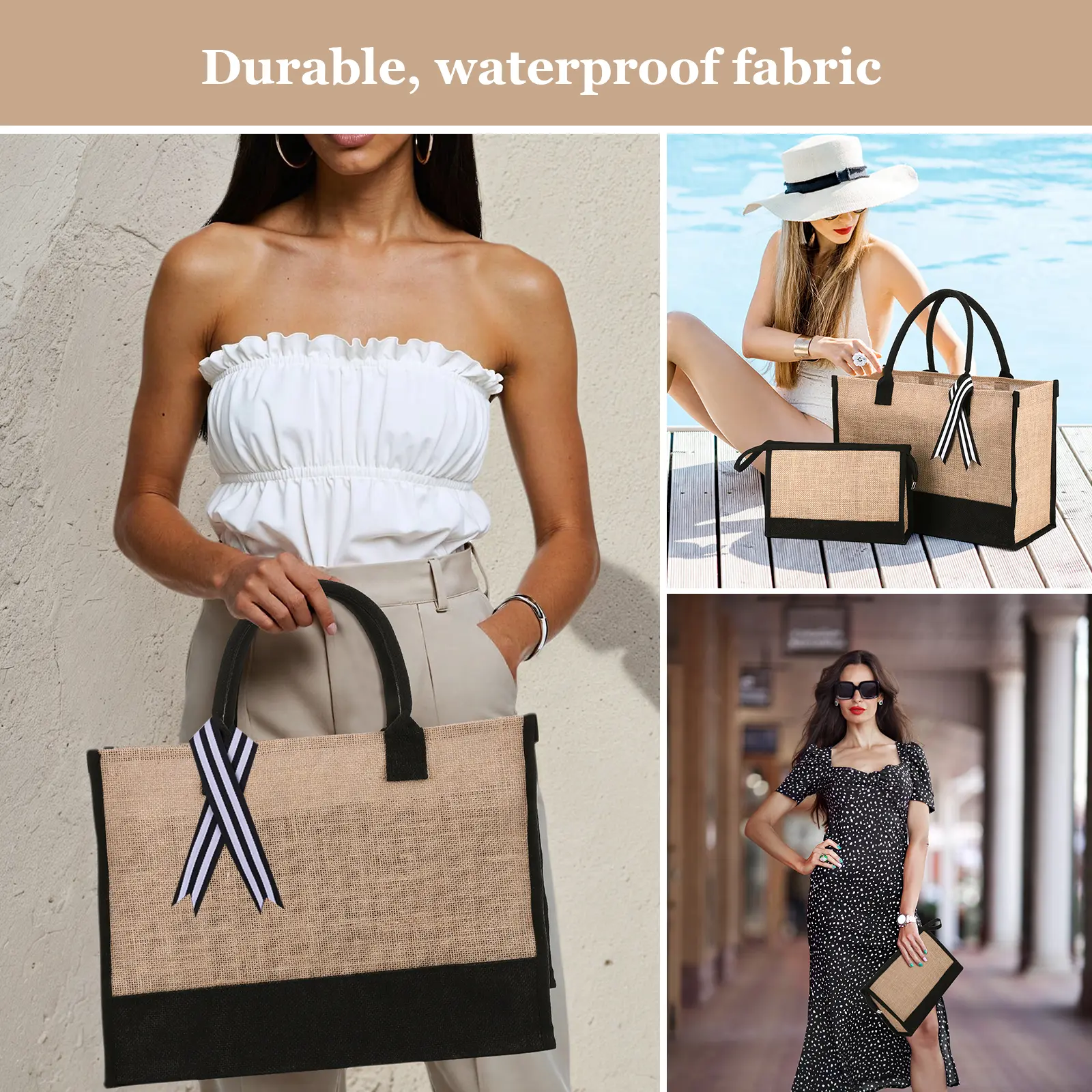 Women Jute Tote Bag Jute Beach Bag Large Capacity with Pouch Reusable Gift Tote Bag Patchwork for Wedding Birthday Holiday