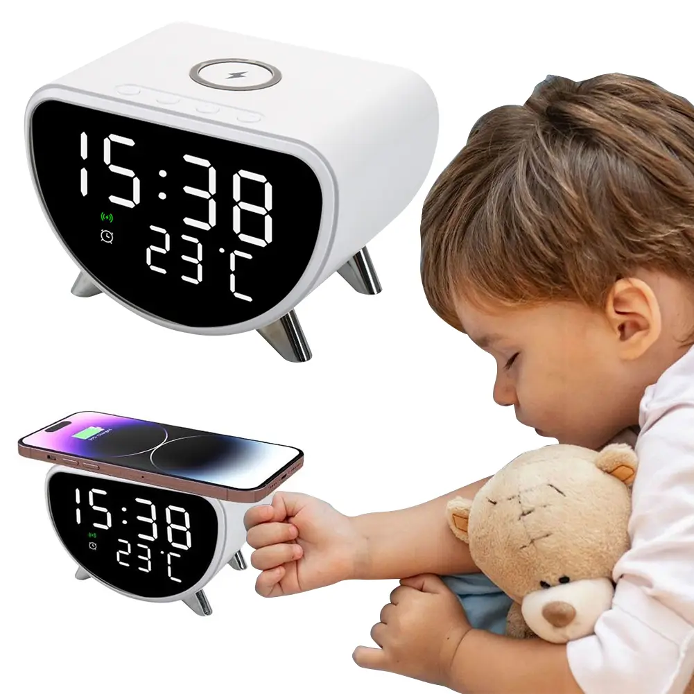 Sleep Timer with Wireless Charging with Temperature Meter 15W Fast Wireless Charger Station for Bedrooms