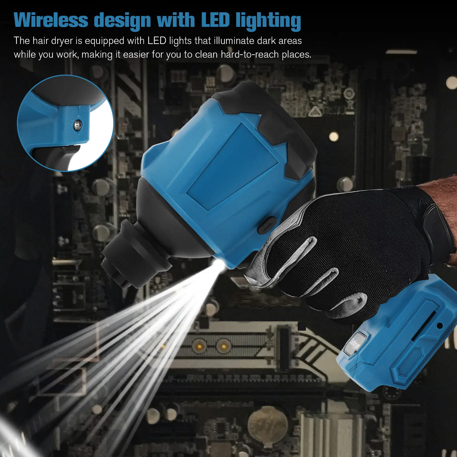50000RPM Cordless Dust Blower with 7 Accessories Wireless Leaf Blower LED Light Handheld Inflator Cleaner for Makita 18V Battery