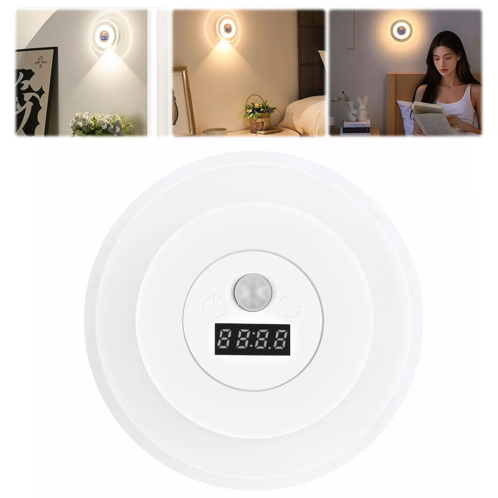LED Motion Sensor Night Light with Clock Dimmable Bedside Light 3 Colors Indoor Decoration Light for Bathroom Hallway Stairs