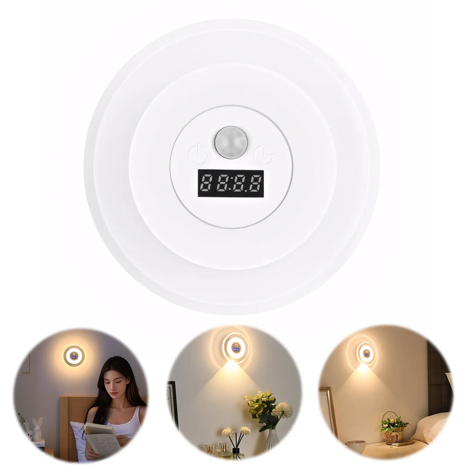 LED Motion Sensor Night Light with Clock Dimmable Bedside Light 3 Colors Indoor Decoration Light for Bathroom Hallway Stairs