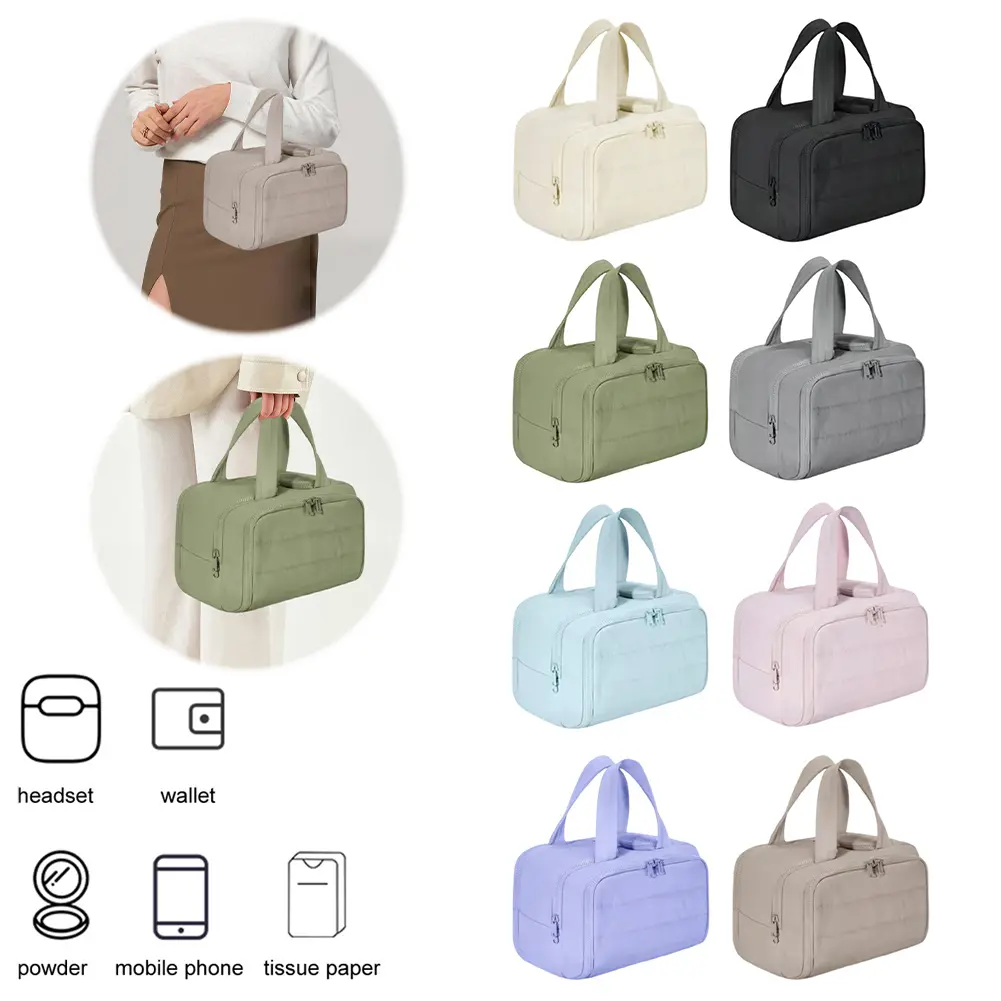 Women Portable Makeup Bag Large Capacity Casual Storage Bag Zipper Closure Nylon Skincare Pouch Bathroom Shower Travel Bag