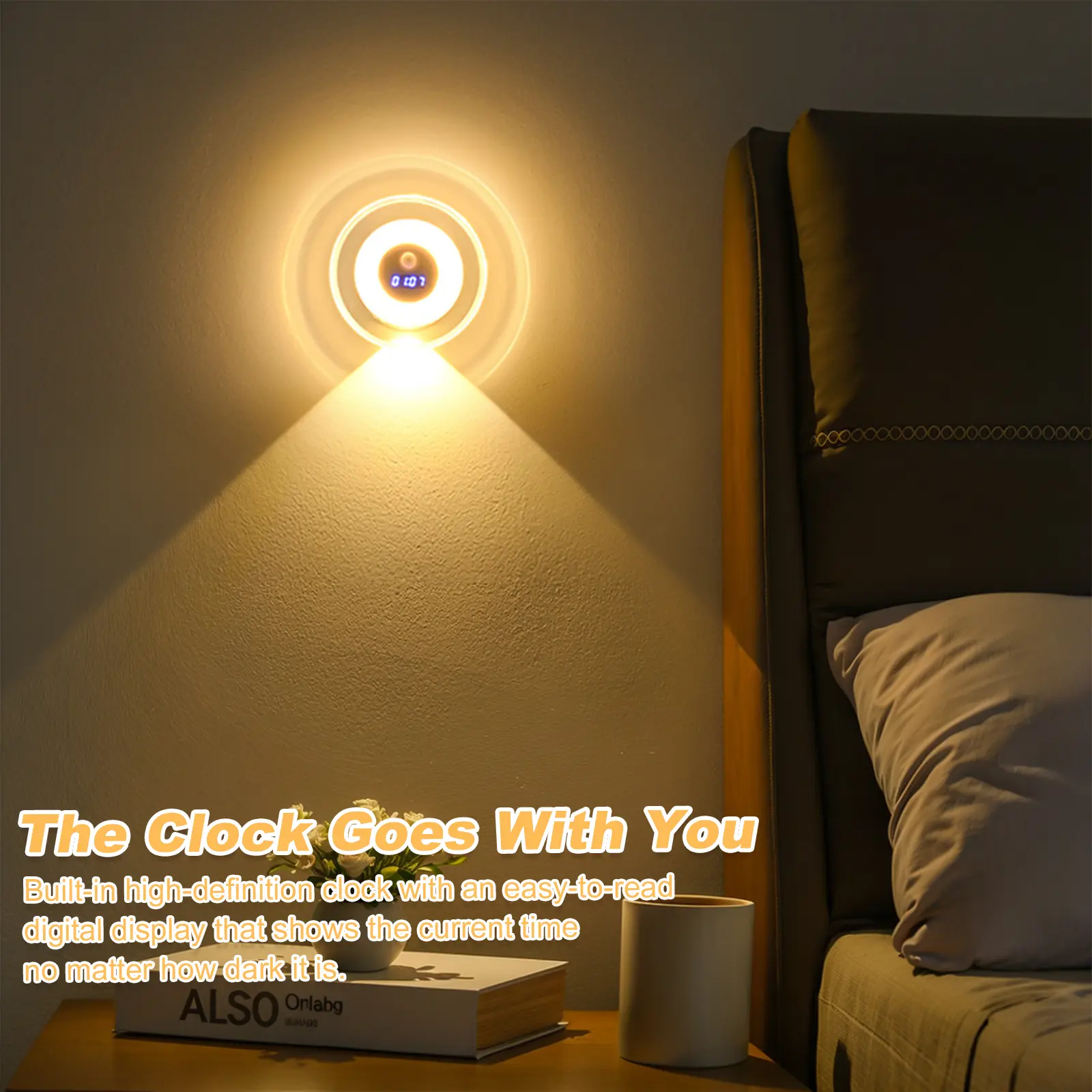 LED Motion Sensor Night Light with Clock Dimmable Bedside Light 3 Colors Indoor Decoration Light for Bathroom Hallway Stairs